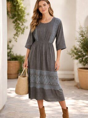 MATTA Silk Embroidered Midi Dress Gray Blue Boho Size Small